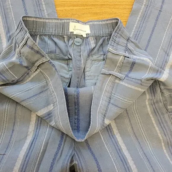 Anthropologie Pants Size Large Womens Blue Linen Cropped Wide Leg Striped Belt - Picture 3 of 11